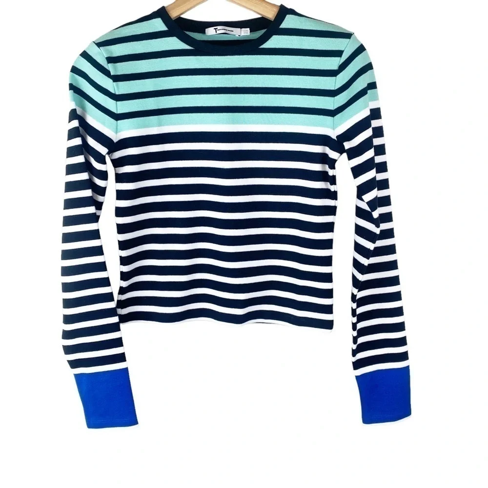 Alexander Wang Mint Aqua Blue White Striped Cropped Knit Pullover Sweater Size S